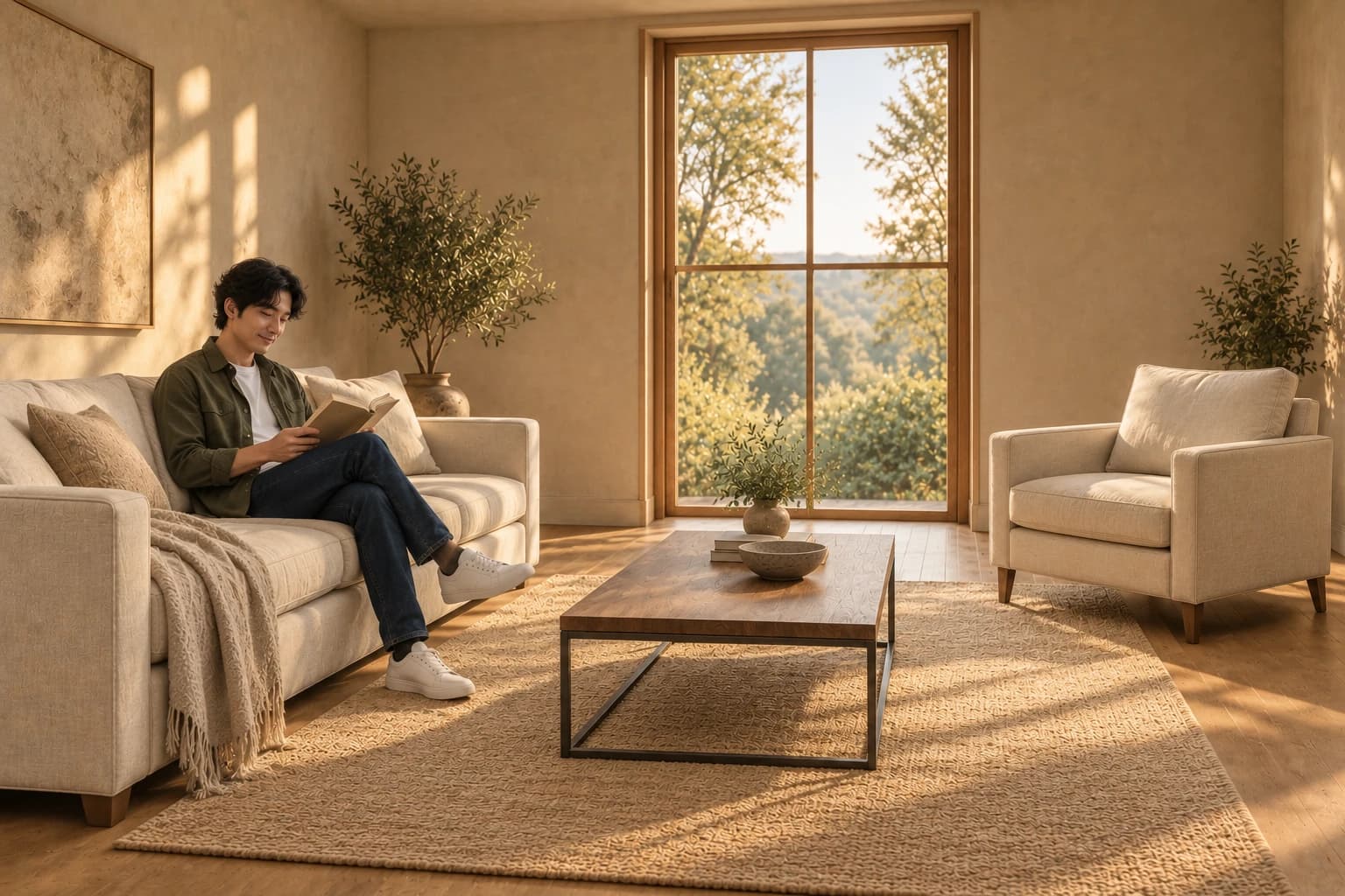 Man reading on the left sofa; crossbar window behind and upholstered armchair on the right